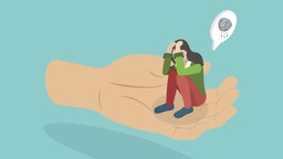 Eine Illustration zeigt eine sitzende Frau, die den Kopf auf die Knie gelegt hat, in einer überdimensionierten Hand.