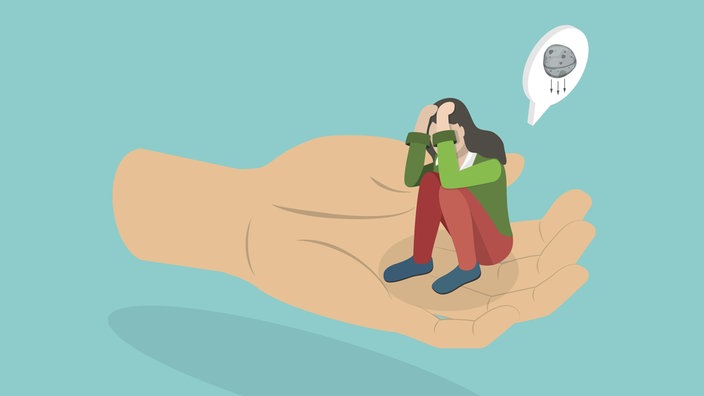 Eine Illustration zeigt eine sitzende Frau, die den Kopf auf die Knie gelegt hat, in einer überdimensionierten Hand.