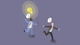 Comicartige Illustration zweier Menschen in Bürokleidung, die einander hinterherlaufen, wobei der hintere eine Glühbirne als Symbol einer aufkommenden Idee wie einen Ballon an einer Schnur in der Hand hält.
