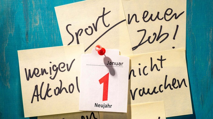 Zettel mit guten Vorsätzen an einer Wand mit einem Kalenderblatt, das den ersten Januar zeigt. 