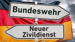 Zwei Wegweiser zeigen in entgegengesetzte Richtungen. Sie tragen die Aufschriften „Bundeswehr“ und „Zivildienst“; im Hintergrund ist eine Deutschlandflagge zu sehen.