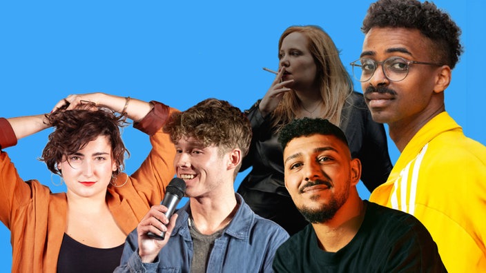 Fotomontage der Comedians Abdul Kader Chahin, Matilde Keizer, Yonathan Litzius, Karo Bender und Fynn Farino