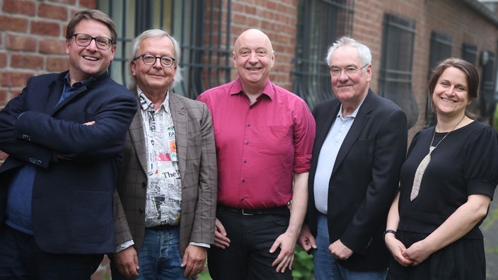 Kai Magnus Sting, Hans Zippert, Horst Evers, Jörg Maurer, Ella Carina Werner im Hinterhof vom Pantheon Theater Bonn