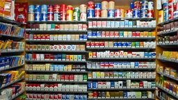 Zahlreiche Zigarettenschachteln und loser Tabak in Dosen oder als Päckchen in einem Kiosk