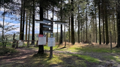 Zäune, Hinweisschilder und Tore in einem Wald.