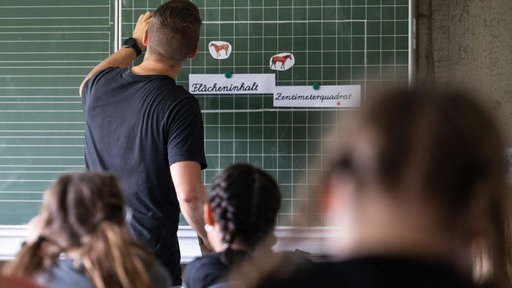 Ein Lehrer schreibt an eine Tafel, Schüler sitzen vor ihm im Raum