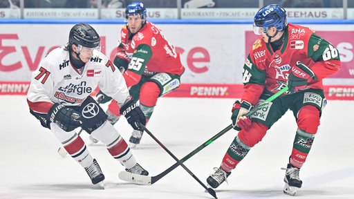 Daniel Fischbuch (links) von den Kölner Haien im Spiel bei den Augsburger Panthern. Rechts: Fabrizio Pilu von Augsburg.