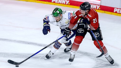 Gabriel Fontaine von den Eisbären im Duell mit Juhani Tyrväinen vom KEC