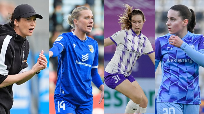 Die Trainerin der SGS Essen, Heleen Jaques, sowie ihre Spielerinnen Anja Heuschkel, Jana Feldkamp, Leonie Köpp (v.l.n.r.).