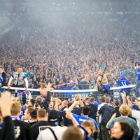 Schalke-Fans feiern nach dem Aufstiegsspiel gegen St. Pauli im Innenraum