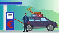 Die Grafik zeigt einen Mann, der an der Tankstelle vor seinem für den Urlaub gepackten Auto steht