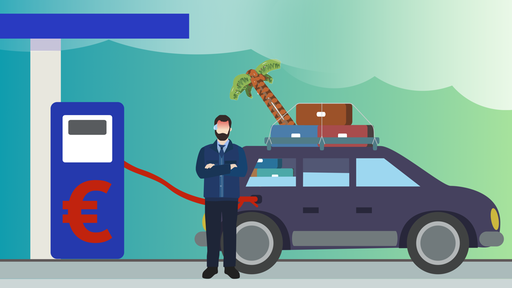 Die Grafik zeigt einen Mann, der an der Tankstelle vor seinem für den Urlaub gepackten Auto steht