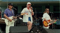 Al Jardine, Mike Love und Carl Wilson stehen 1988 bei einem Auftritt im Yankee-Stadion in New York auf der Bühne