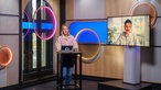 Moderatorin Janina Werner im Studio mit zugeschaltetem Korrespondenten
