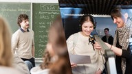 Bildcollage: Ein Mann vor einer Tafel und zwei Frauen sprechen in ein Mikrofon.