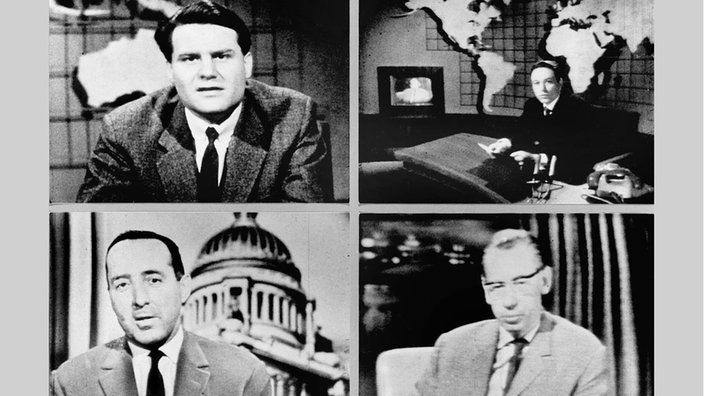 Standbilder aus dem ersten Vorspann des ARD-Auslandsmagazins  Weltspiegel  (oben) und die Korrespondenten Gerd Ruge (Mitte, l), Klaus B lling (Mitte, r), Peter Scholl-Latour (unten, l) und Thilo Koch.