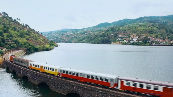 Blick auf den Zug, der über eine Brücke im Douro-Tal fährthat man atemberaubende Aussichten auf den Fluss und die Weinterrassen.