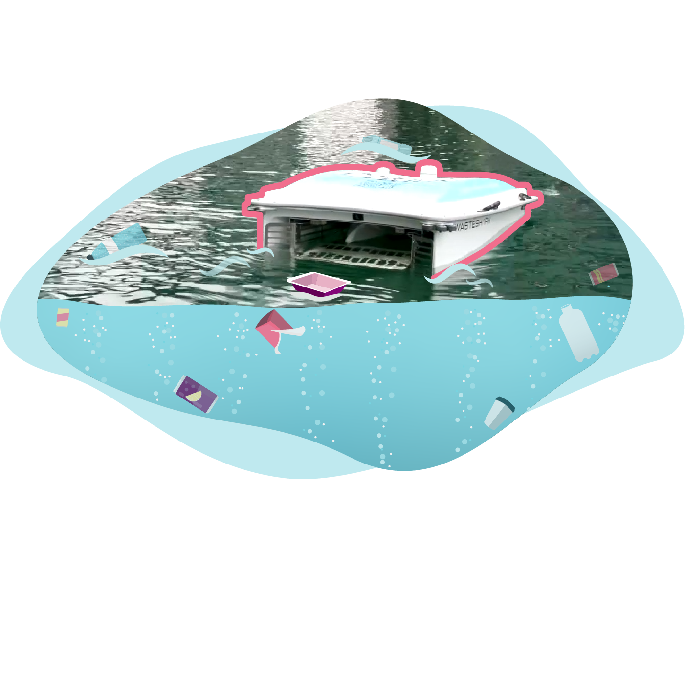 Das Bild zeigt den Trash Shark im Wasser und Blubberblasen unter Wasser, die Müll zur Wasseroberfläche bringen.