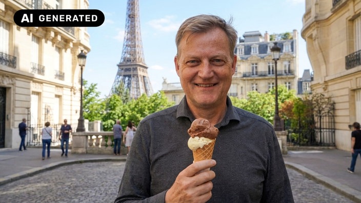 Ein Mann steht vor dem Eiffelturm und hält ein Eis in der Hand. (KI-generiertes Beispielbild)