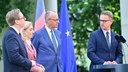 Friedrich Merz, Nina Warken, Carsten Linnemann und Philipp Amthor bei der Pressekonferenz zur Kabinettsumbildung