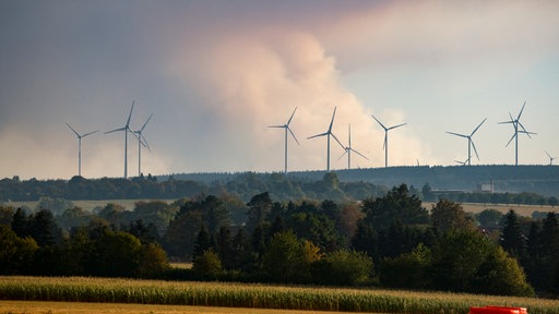  Blick auf die Rauchentwicklung hinter Windrädern durch den Waldbrand im Hohen Venn