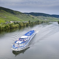 Ein Kreuzfahrtchiff fährt auf der Mosel, an den Ufern sind grüne Büsche und Felder