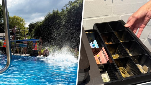 Menschen springen ins Wasser und eine offene Kasse.
