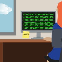 Eine Grafik von einer Frau, die in einem Büro vor ihrem PC sitzt.