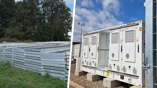 Links im Bild stehen alte Pflanztische, rechts zeigt ein anderes Bild einen Batteriespeicher.
